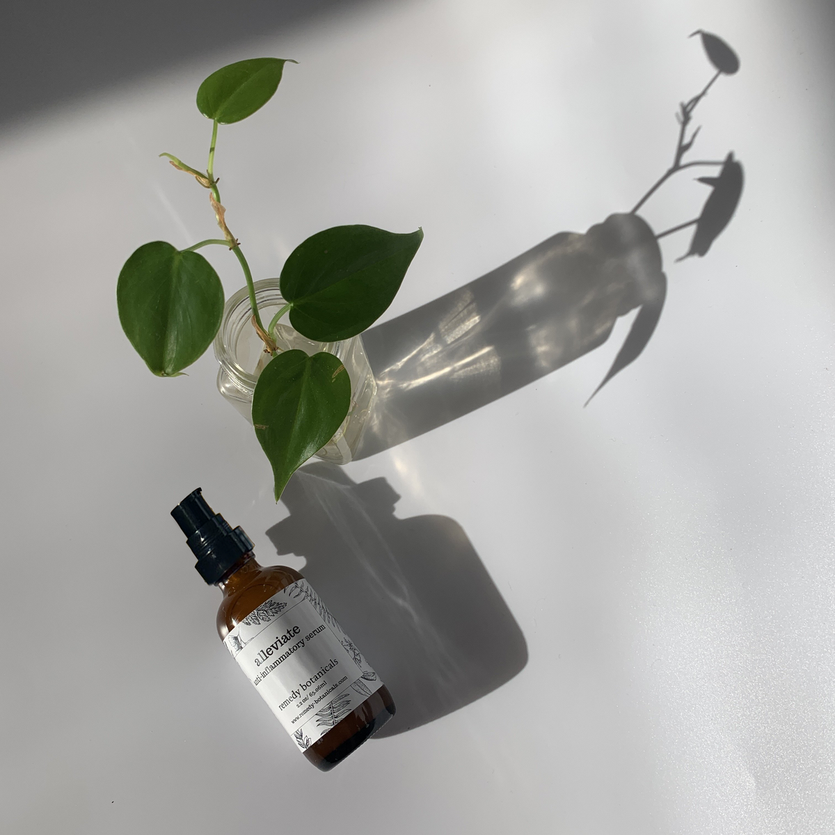 Top view of a bottle of Alleviate serum lying down beside a vase filled with green leaves, creating a calming, natural composition.